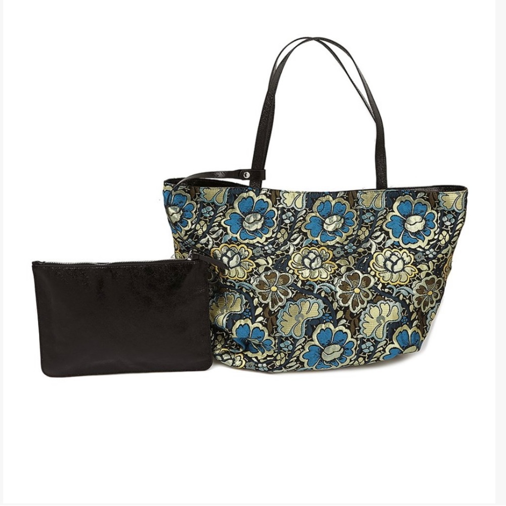 NWT Steve Madden Blady Black & Blue Reversible Floral Tote w/ Cosmetic Bag